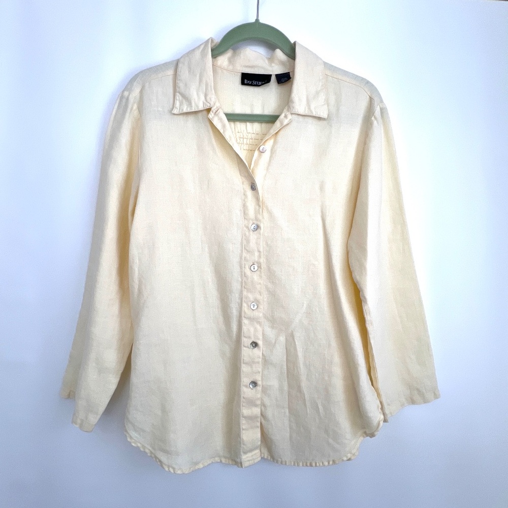 Bay Studio Women’s S 100% Linen Long Sleeve Yellow Mother of Pearl Button Shirt